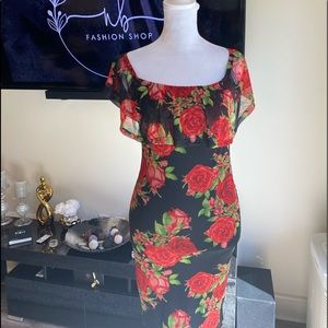 Black Red Floral  Midi Dress